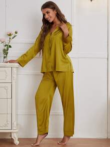 Shawl Collar Solid Satin PJ Set / Pajama Set - Mustard Yellow - View 3