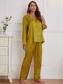 Shawl Collar Solid Satin PJ Set / Pajama Set - Mustard Yellow - View 4