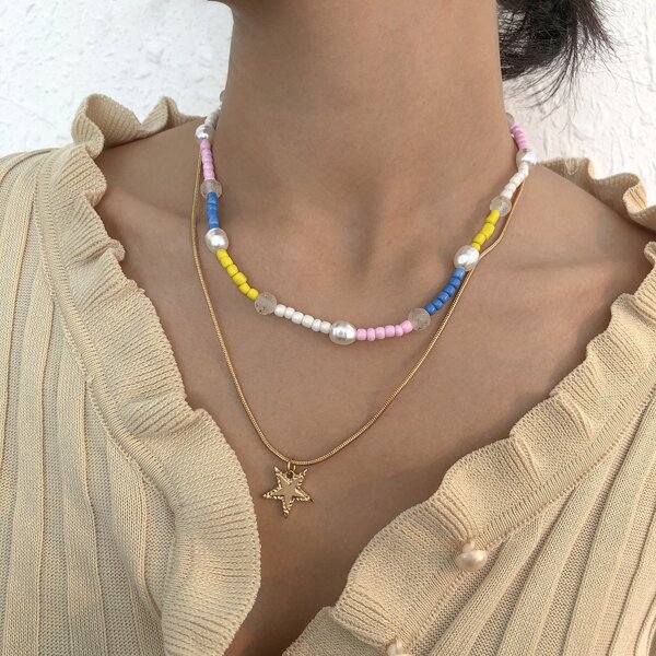 

Star Charm Beaded Layered Necklace, Multicolor