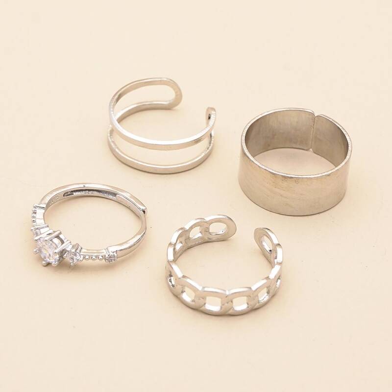 

4pcs Rhinestone Decor Ring, Silver
