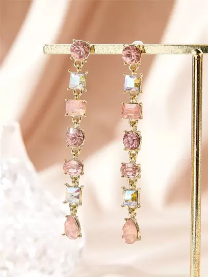 1pair Fashionable Crystal Geometric Square Tassel Earrings For Women, Suitable For Daily Wear