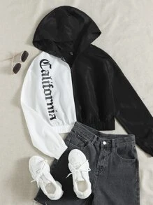 SHEIN EZwear Two Tone Letter Graphic Drop Shoulder Hooded Jacket - Black and White - View 1