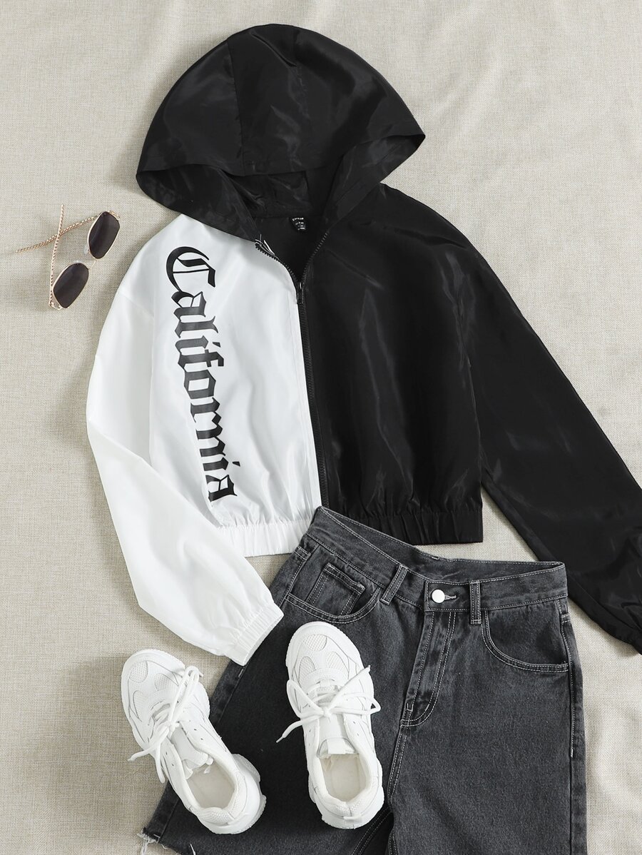 SHEIN EZwear Two Tone Letter Graphic Drop Shoulder Hooded Jacket - Black and White - View 1