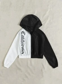 SHEIN EZwear Two Tone Letter Graphic Drop Shoulder Hooded Jacket - Black and White - View 3