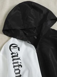 SHEIN EZwear Two Tone Letter Graphic Drop Shoulder Hooded Jacket - Black and White - View 4