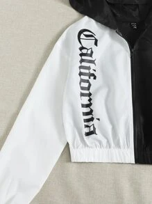 SHEIN EZwear Two Tone Letter Graphic Drop Shoulder Hooded Jacket - Black and White - View 5
