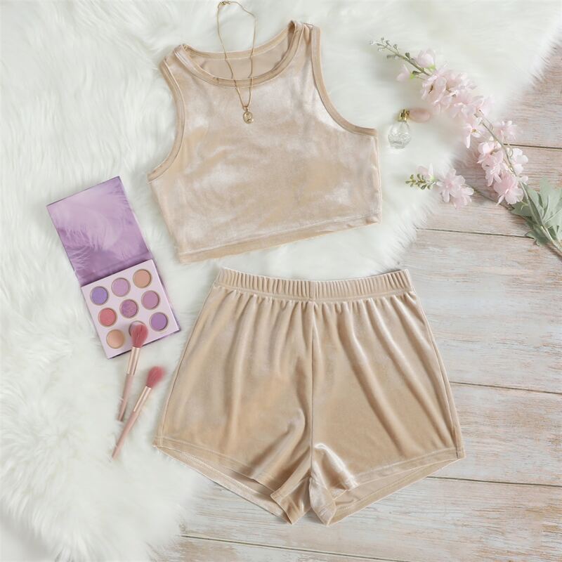 

Solid Tank Top & Shorts Lounge Set, Apricot