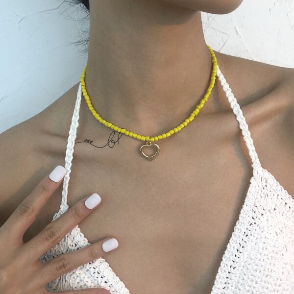 

Heart Charm Beaded Necklace, Yellow