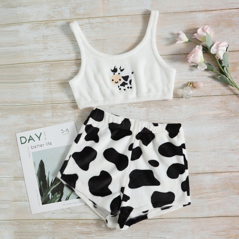 

Cow Print Flannel PJ Set, Black and white