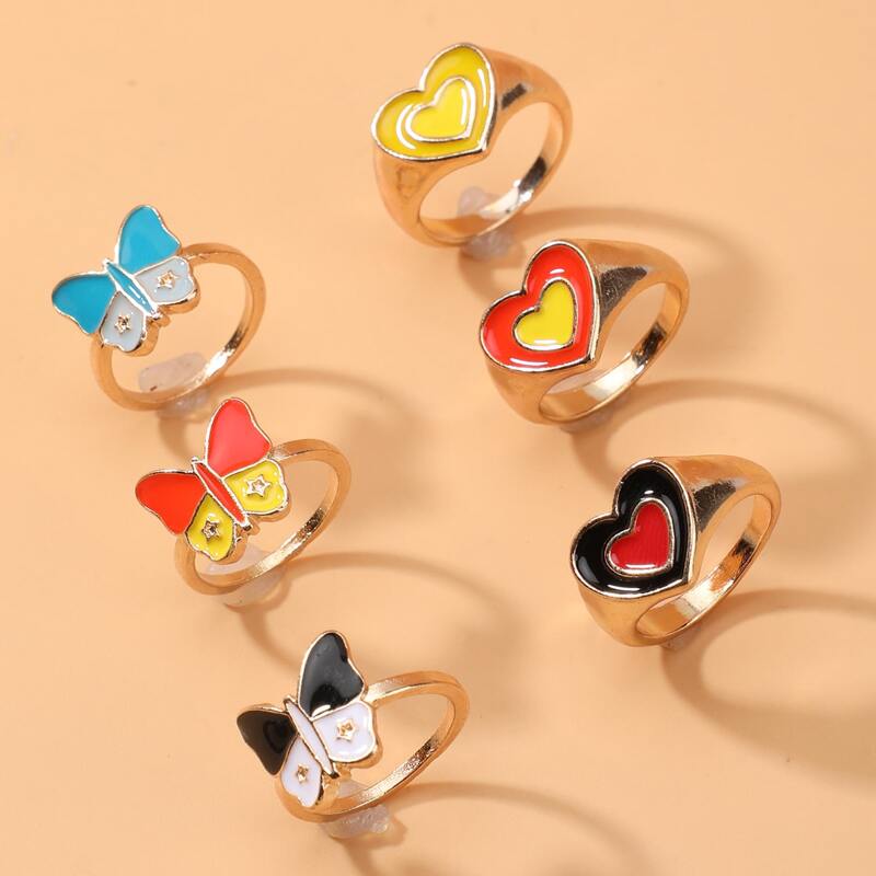 

6pcs Heart Decor Ring, Gold