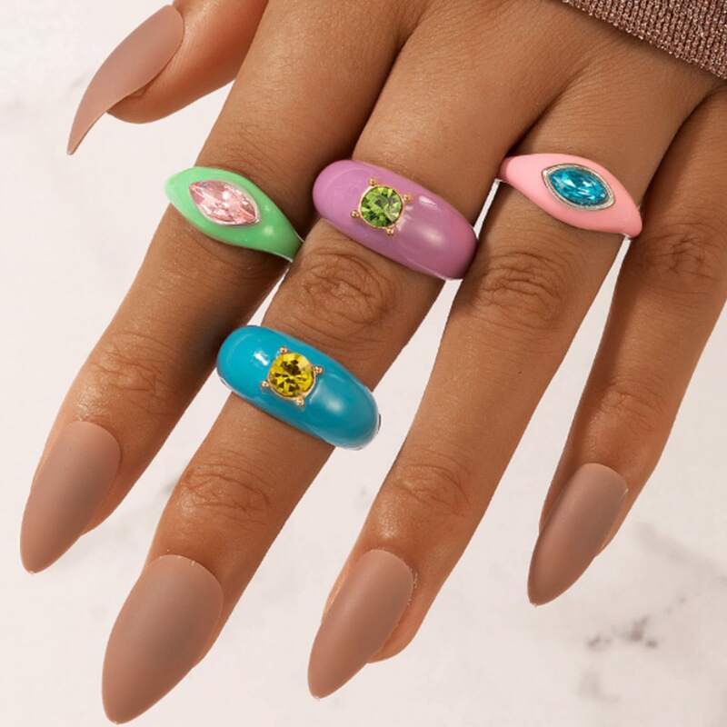 

4pcs Rhinestone Decor Ring, Multicolor