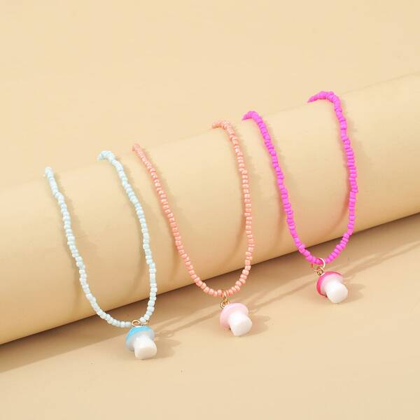 

3pcs Mushroom Charm Beaded Necklace, Multicolor