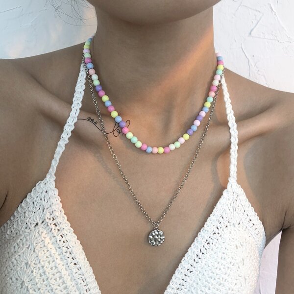 

2pcs Disc Charm Beaded Necklace, Multicolor