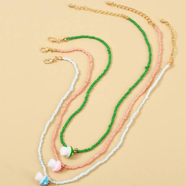 

3pcs Mushroom Charm Beaded Necklace, Multicolor