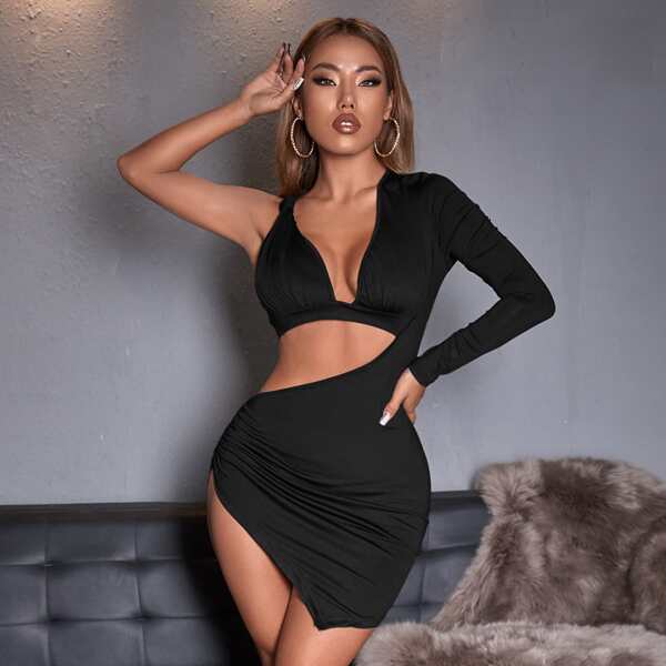 

Cut Out Asymmetrical Neck Bodycon Dress, Black