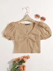 Dreamara Áo thun Plus size Xù màu trơn Giải trí - Màu Khaki - Xem 1