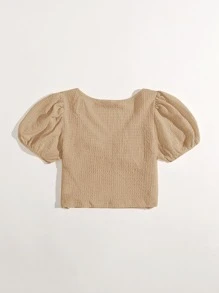 Dreamara Áo thun Plus size Xù màu trơn Giải trí - Màu Khaki - Xem 2