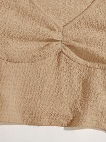 Dreamara Áo thun Plus size Xù màu trơn Giải trí - Màu Khaki - Xem 3