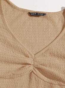 Dreamara Áo thun Plus size Xù màu trơn Giải trí - Màu Khaki - Xem 5