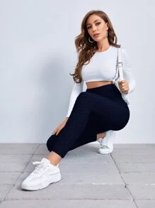 SHEIN EZwear 蜂蜜梳子紋理質感緊身打底褲 - 藏蓝色 - 查看 5