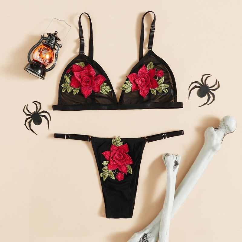 

Floral Embroidered Mesh Lingerie Set, Multicolor