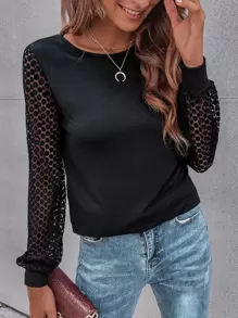 SHEIN LUNE Contrast Guipure Lace Bishop Sleeve Tee Fall Cloth For Women - Black - View 1