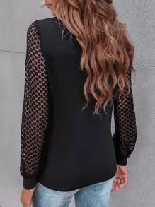 SHEIN LUNE Contrast Guipure Lace Bishop Sleeve Tee Fall Cloth For Women - Black - View 2