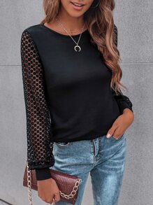 SHEIN LUNE Contrast Guipure Lace Bishop Sleeve Tee Fall Cloth For Women - Black - View 4