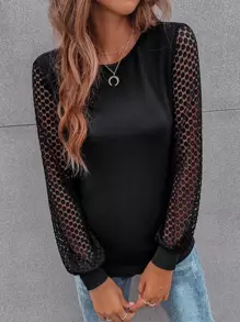 SHEIN LUNE Contrast Guipure Lace Bishop Sleeve Tee Fall Cloth For Women - Black - View 5