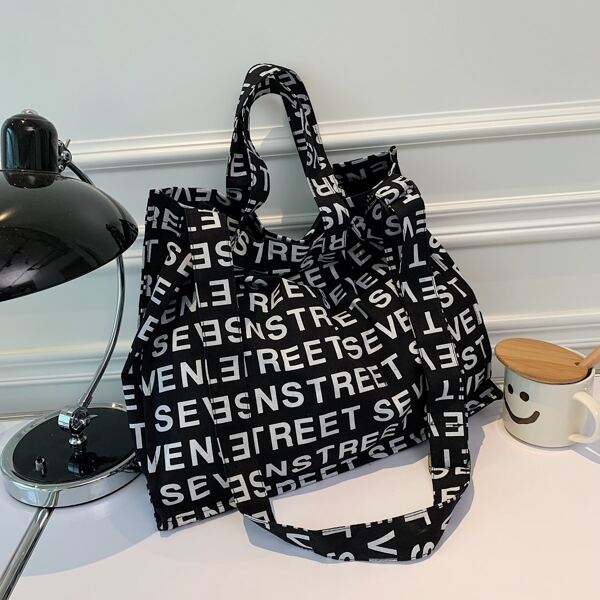 

Allover Letter Graphic Shoulder Tote Bag, Black