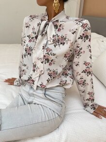 SHEIN Clasi Tie Neck Floral Print Blouse - Multicolor - View 3