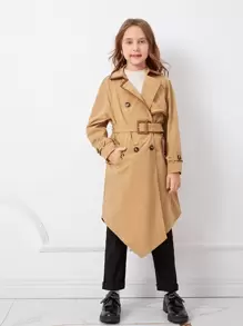 SHEIN Girls Raglan Sleeve Slant Pockets Double Breasted Trench Coat - Khaki - View 1