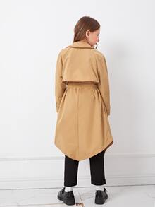 SHEIN Girls Raglan Sleeve Slant Pockets Double Breasted Trench Coat - Khaki - View 2