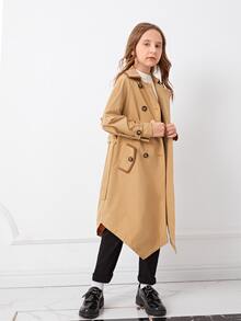 SHEIN Girls Raglan Sleeve Slant Pockets Double Breasted Trench Coat - Khaki - View 5