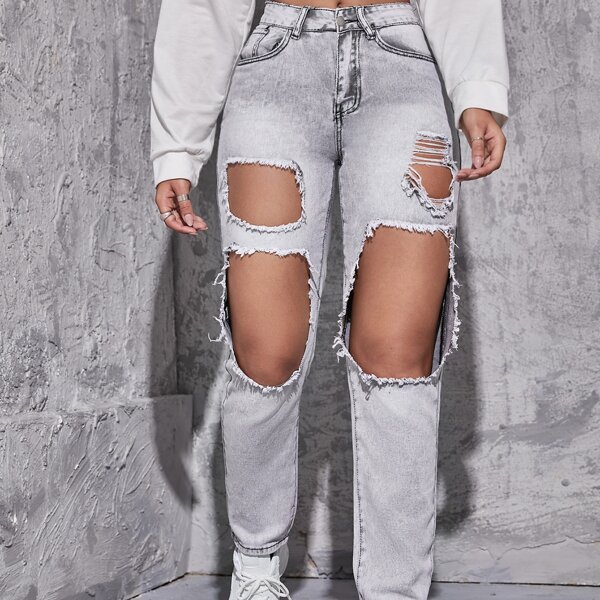 

Ripped Straight Leg Jeans, Light grey