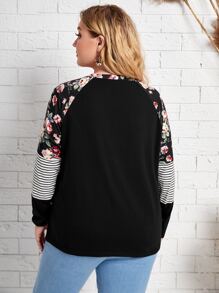 EMERY ROSE 大碼條紋圖案印花插肩袖T恤 - 黑色 - 查看 2