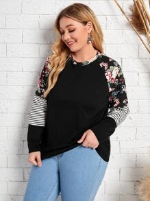 EMERY ROSE 大碼條紋圖案印花插肩袖T恤 - 黑色 - 查看 3