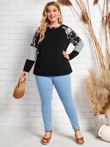 EMERY ROSE 大碼條紋圖案印花插肩袖T恤 - 黑色 - 查看 4