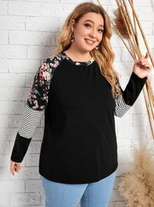 EMERY ROSE 大碼條紋圖案印花插肩袖T恤 - 黑色 - 查看 5