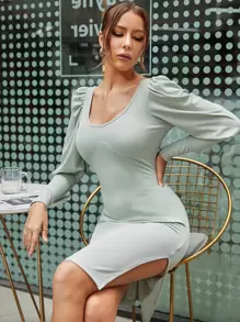 Chiquease 條紋針織羊腿袖扭結露背連衣裙 - 薄荷綠 - 查看 3