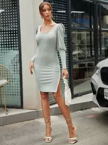 Chiquease 條紋針織羊腿袖扭結露背連衣裙 - 薄荷綠 - 查看 6