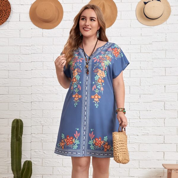 

Plus Floral Print Batwing Sleeve Dress, Blue