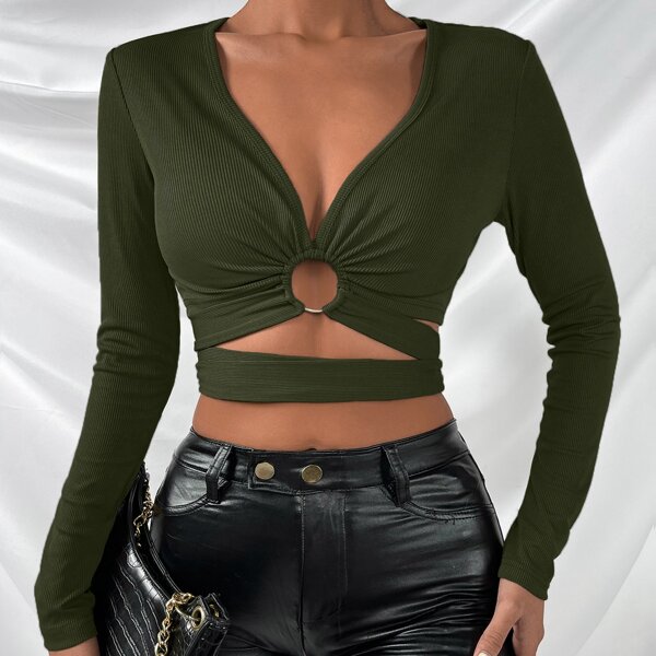 

O-ring Tie Back Rib Knit Tee, Army green