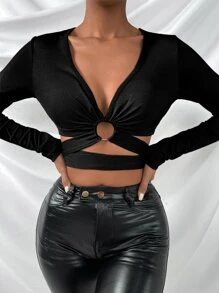 SHEIN Allurite O-ring Tie Back Rib Knit Tee - Black - View 5