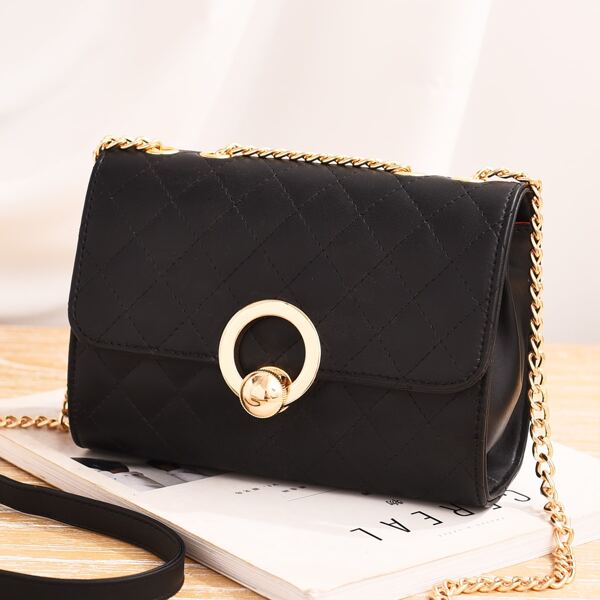 

Quilted Embossed Ring Decor Chain Bag, Black