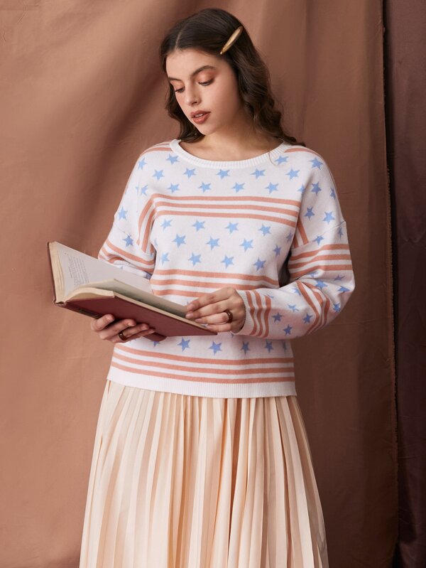 SHEIN Unity 星條旗圖案落肩袖套頭毛衣