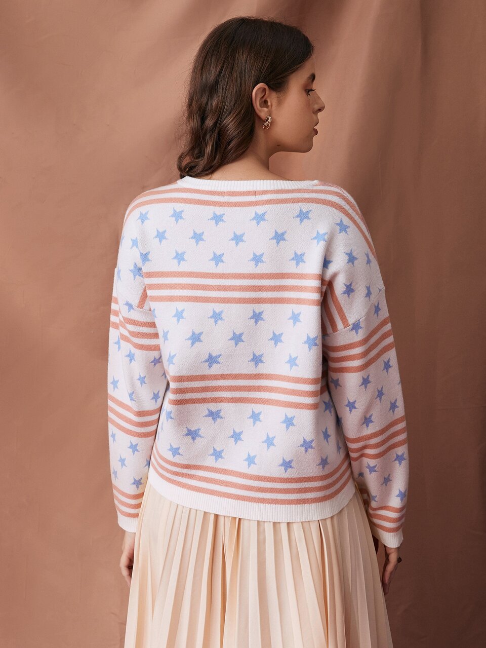 Star & Striped Pattern Drop Shoulder Sweater