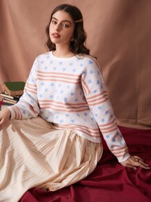 SHEIN Unity Star & Striped Pattern Drop Shoulder Sweater
