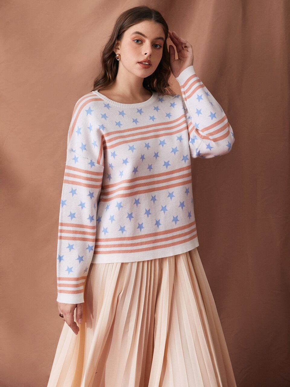 Star & Striped Pattern Drop Shoulder Sweater