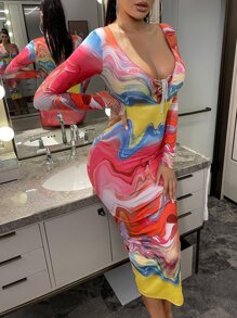 SHEIN Marble Print Rhinestone Lace Up Split Back Dress - Multicolor - View 2